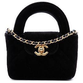 Borsa Chanel Black Mini Nano Quilted Velvet Kelly Shopper Bag