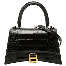 Borsa Hourglass Balenciaga piccola in pelle embossed effetto coccodrillo nera