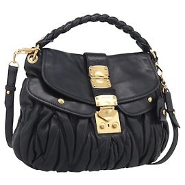Miu Miu Gathered Hand Bag Leather 2way Black Gold