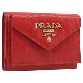 PRADA Trifold Wallet Leather Red Gold Tone