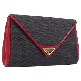 Autre Marque Saint Laurent Clutch Bag Leather Canvas Red Gray gold