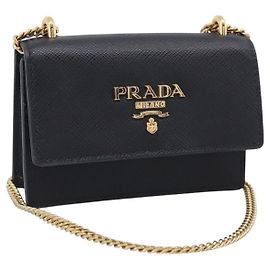 PRADA Bolso de Hombro con Cadena de Piel Safiano Negro Oro