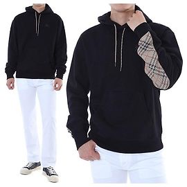 Burberry Klassisches kariertes Baumwoll-Hoodie T-Shirt mit Ellenbogen-Patches (Black)