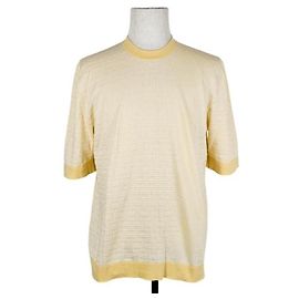 Hermès Zweifarbiger Baumwollpullover mit Rundhalsausschnitt und Punkt-Mosaik-Details für Herren, Gelb, Größe XL