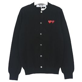 Comme Des Garcons Wollener Rundhals-Cardigan mit doppeltem rotem Herz-Logo