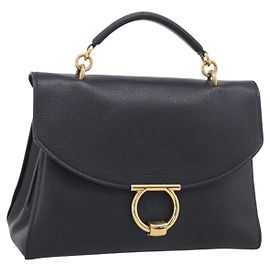 Salvatore Ferragamo Margot Hand Bag Leather 2way Black Gold Auth 212942V - Jerrillo