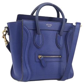 Céline CELINE Luggage Nano Shopper Hand Bag Leather 2way Blue Gold Auth 213458A - Jerrillo