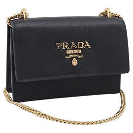 PRADA Bolso de Hombro con Cadena de Cuero Safiano Negro Oro Auth 210257V - Jerrillo