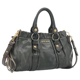 Miu Miu Side Ribbon Hand Bag Leather 2way Khaki Gold Auth am12901A - Jerrillo
