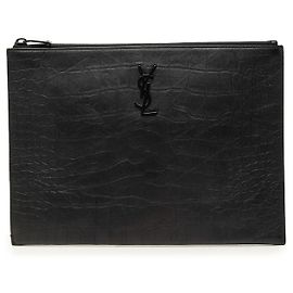 Autre Marque Saint Laurent iPad-Hülle Monogram aus Leder in schwarzer Krokoprägung