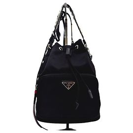 Prada Studded Pocono Nylon Black Bucket Crossbody Bag