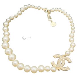 Chanel Colar Anniversary CC Logo Gold Crystal Pearl