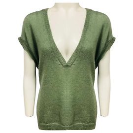 Jersey de punto de lana mohair de manga corta y cuello en V verde Dries Van Noten