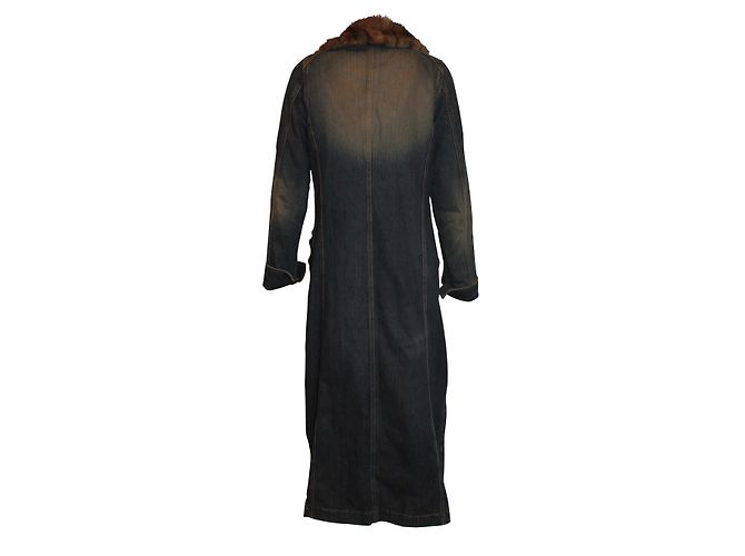 Used Jeans Giacca lunga in denim blu con revers in pelliccia - vista 2