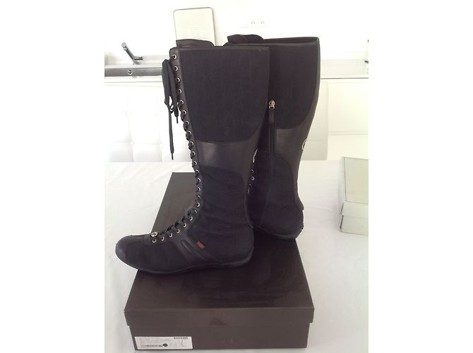 Botas planas Gucci de cuero y lona negras Negro - vista 3