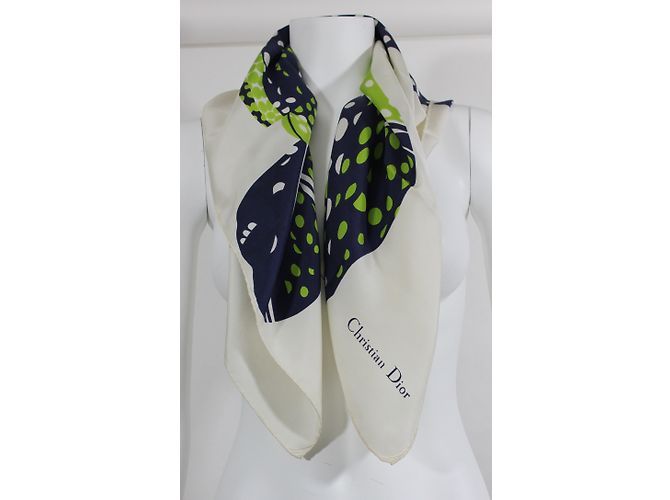 Sciarpa Christian Dior in seta motivo uccello blu beige verde - vista 3