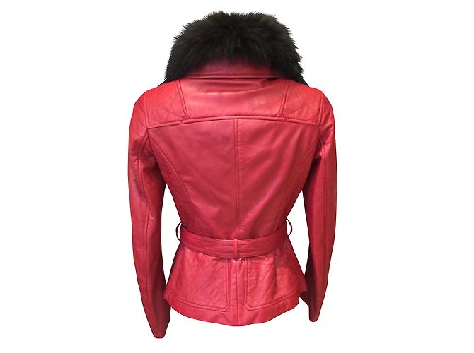 Autre Marque Intuition rote Lederjacke mit abnehmbarem Pelzkragen - Ansicht 2