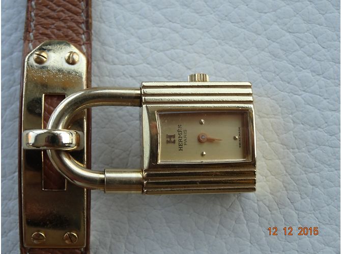 Relógio Hermès Kelly Caixa de Cadeado Ouro Couro Barenia Marrom - vista 8