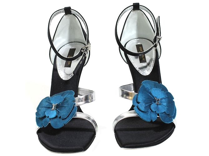 Sandali Louis Vuitton in satin nero e pelle argento 37 - vista 2