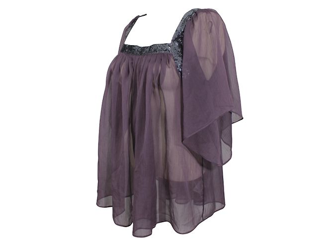 Topshop Top Prune Polyester Chiffon with Grey Sequins - view 3