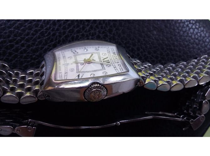 Autre Marque Relógio Tonneau em Aço com Mostrador Guilloché Branco e Diamantes Prata - vista 4