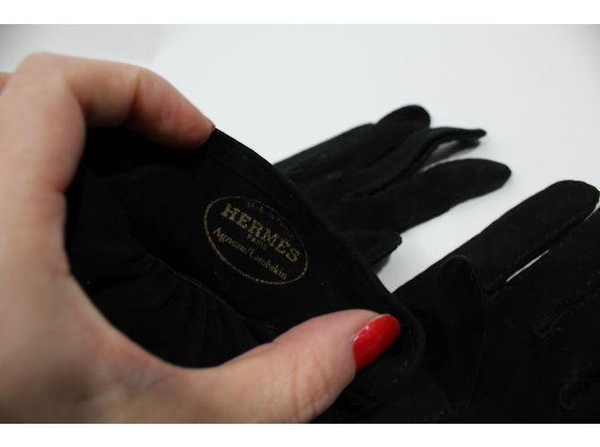Luvas longas Hermès em camurça preta Preto - vista 13