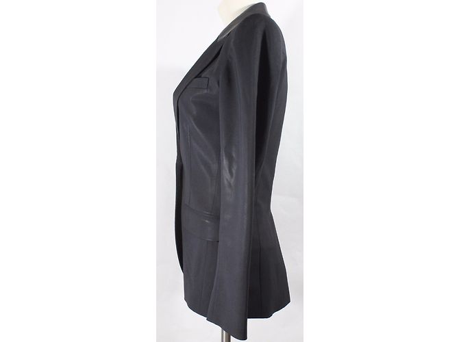 Barbara Bui Schwarzer Wollblazer mit Lammleder Kragen Größe 36 - Ansicht 3