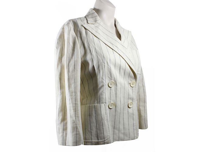 Giacca Ralph Lauren in lino crema a righe blu - vista 3