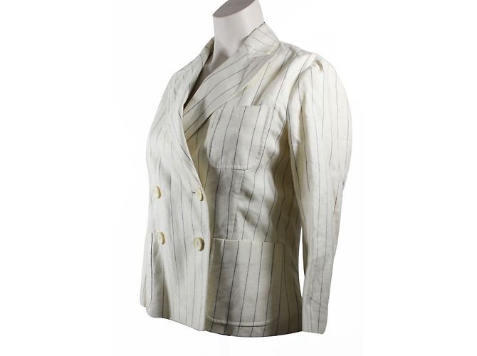 Giacca Ralph Lauren in lino crema a righe blu - vista 4