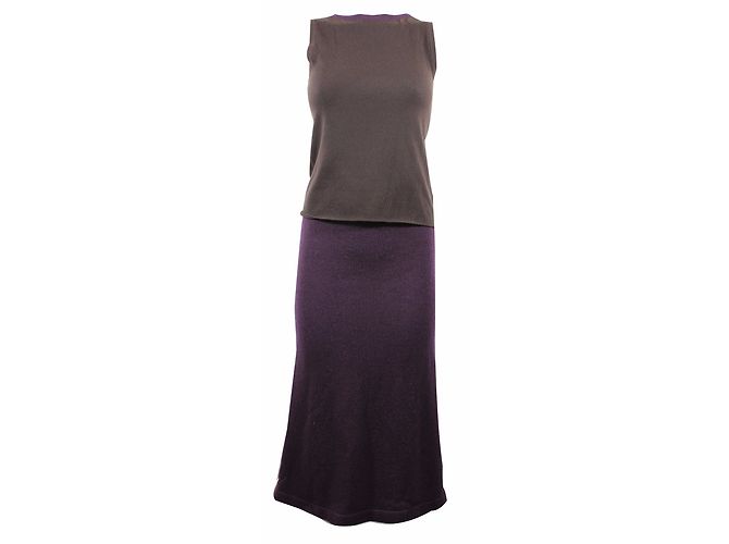Completo Chanel 3 Pezzi Cardigan Top e Gonna Lana Cashmere Marrone Viola Porpora - vista 2