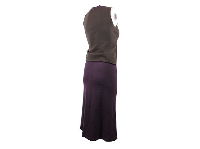 Completo Chanel 3 Pezzi Cardigan Top e Gonna Lana Cashmere Marrone Viola Porpora - vista 3