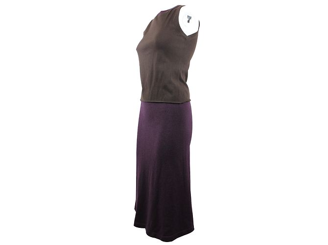 Completo Chanel 3 Pezzi Cardigan Top e Gonna Lana Cashmere Marrone Viola Porpora - vista 4