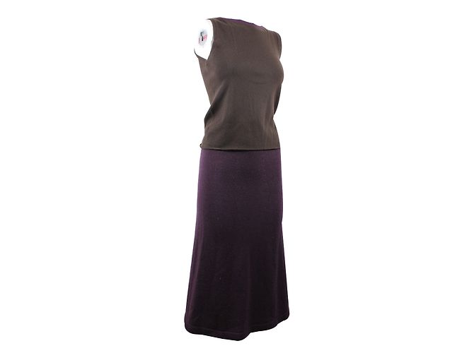 Completo Chanel 3 Pezzi Cardigan Top e Gonna Lana Cashmere Marrone Viola Porpora - vista 5