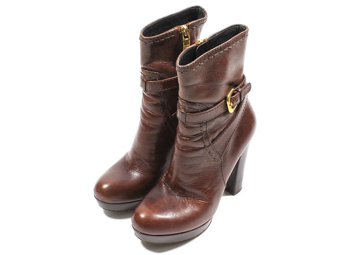 Botines Prada de cuero marrón con tacón alto Castaño - vista 3