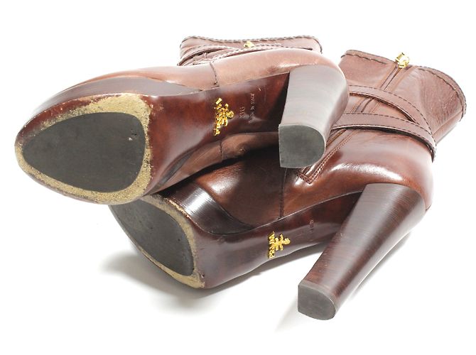 Botines Prada de cuero marrón con tacón alto Castaño - vista 6