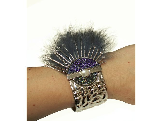 Fendi Silver Bracelet with Blue and Black Fox Fur Silvery - view 2