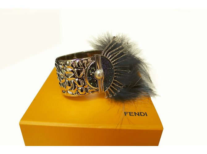 Fendi Silver Bracelet with Blue and Black Fox Fur Silvery - view 8