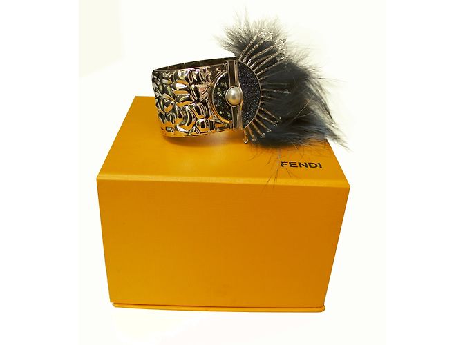 Fendi Silver Bracelet with Blue and Black Fox Fur Silvery - view 9