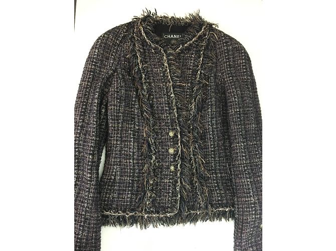Chanel Tweed-Jacke Braun Schwarz Silber Grau - Ansicht 10