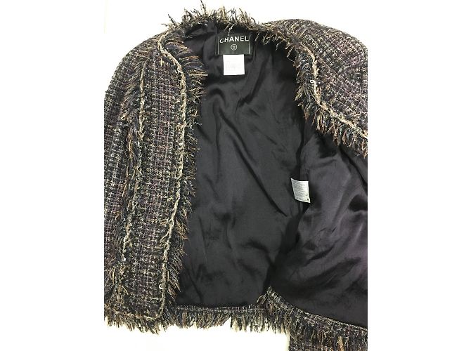 Chanel Tweed-Jacke Braun Schwarz Silber Grau - Ansicht 11