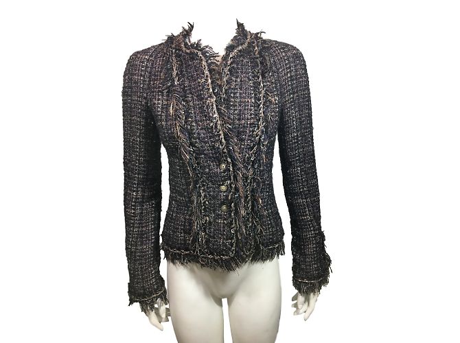 Chanel Tweed-Jacke Braun Schwarz Silber Grau - Ansicht 2