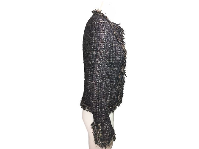 Chanel Tweed-Jacke Braun Schwarz Silber Grau - Ansicht 4