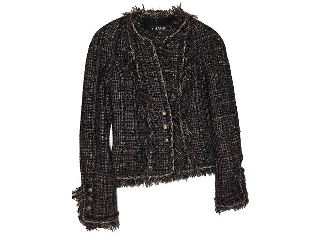 Chanel Tweed-Jacke Braun Schwarz Silber Grau - Ansicht 8
