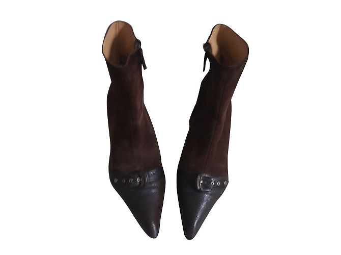 Botines Chanel Marrones de Terciopelo y Cuero 37 Castaño - vista 2
