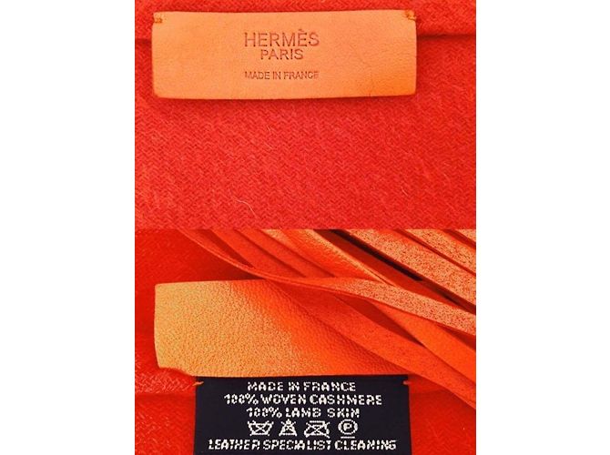 Hermès Sciarpa in cashmere con frange in pelle di agnello Arancione - vista 3