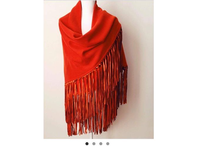 Hermès Sciarpa in cashmere con frange in pelle di agnello Arancione - vista 6
