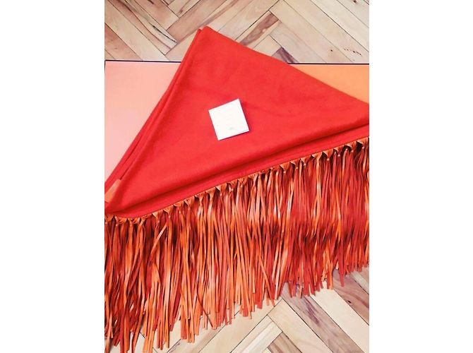 Hermès Sciarpa in cashmere con frange in pelle di agnello Arancione - vista 7