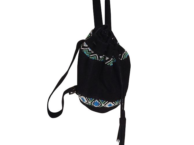 Zaino Antik Batik in pelle nero con ricamo di perline blu - vista 2