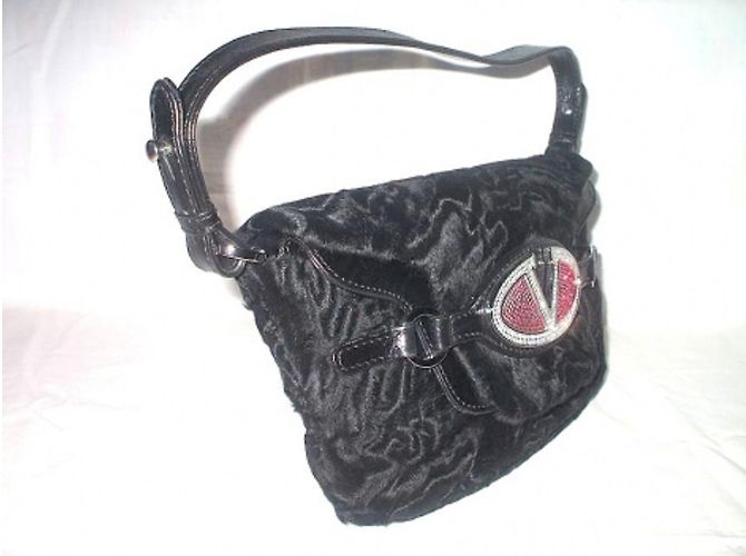 Borsa da sera Valentino Garavani in pelle nera e pelliccia con spilla Swarovski Nero - vista 2