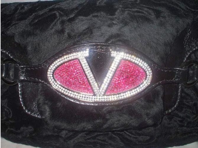Borsa da sera Valentino Garavani in pelle nera e pelliccia con spilla Swarovski Nero - vista 3